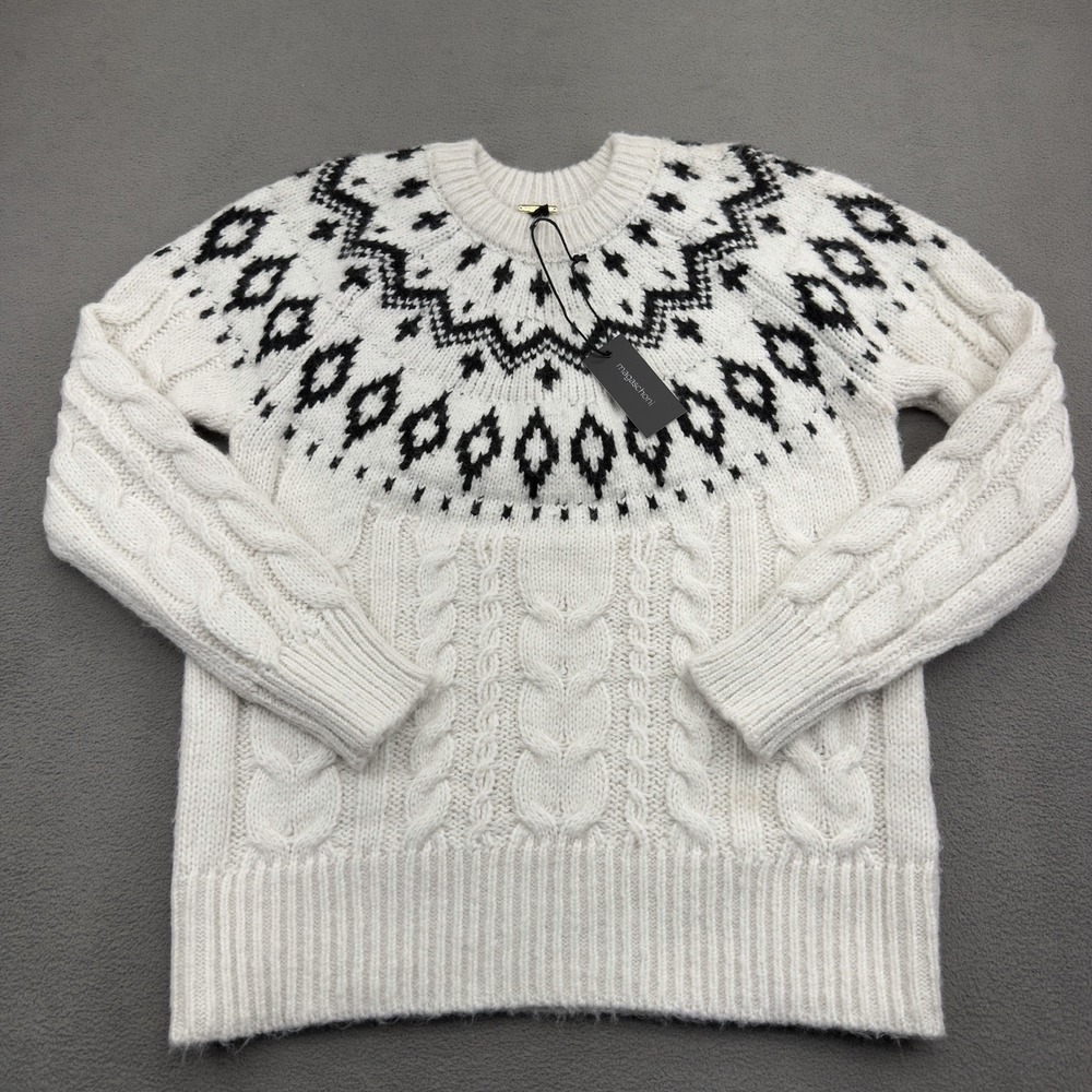 Magaschoni Fair Isle Sweater Womens S Black White Fisherman Cable Knit Nordic